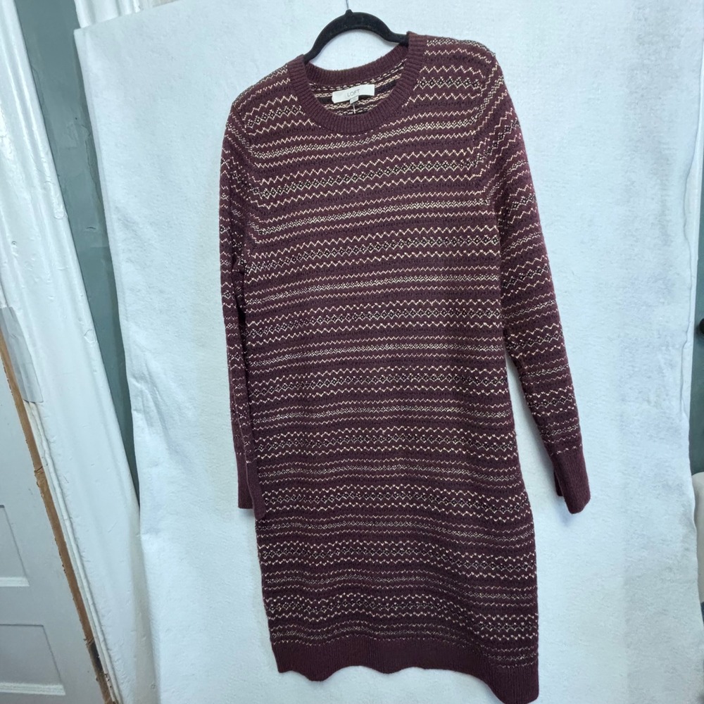 Loft Burgundy Gold Metallic Fair Isle Knit Sweater Dress Large NWT